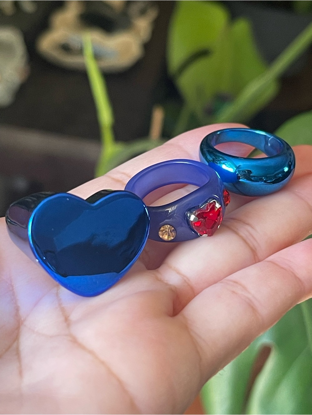 Blue Heart & Gem Resin Rings Set - Bold Blue Statement Jewelry